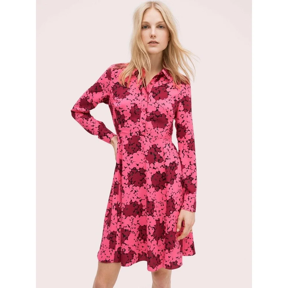 Kate Spade New York Bubble Dot Smocked Shirt Dress Rhubarb Jam Pink Size 0